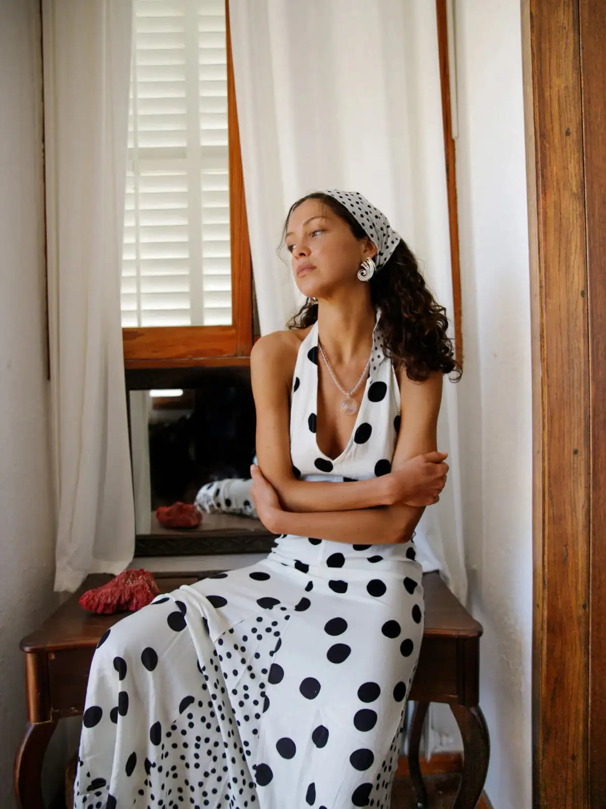Susmies White & Black Maria Polka Dot Halterneck Dress