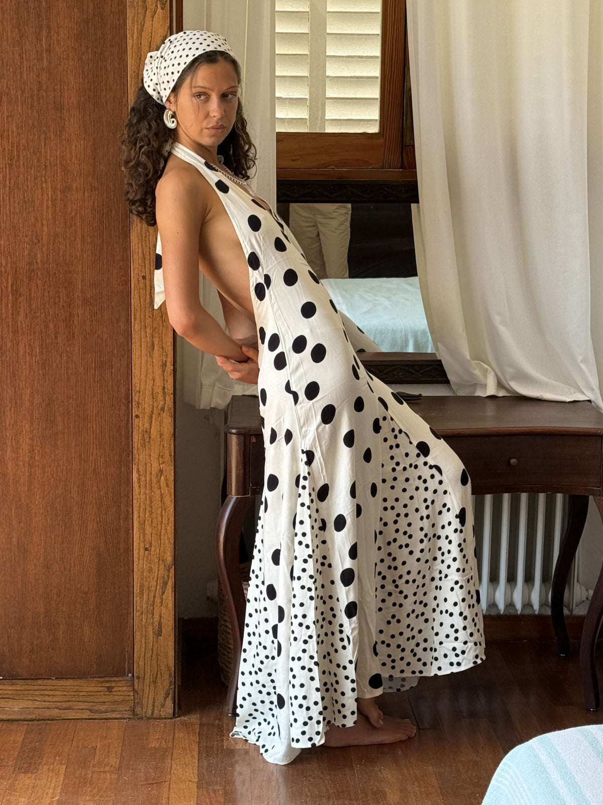 Susmies White & Black Maria Polka Dot Halterneck Dress