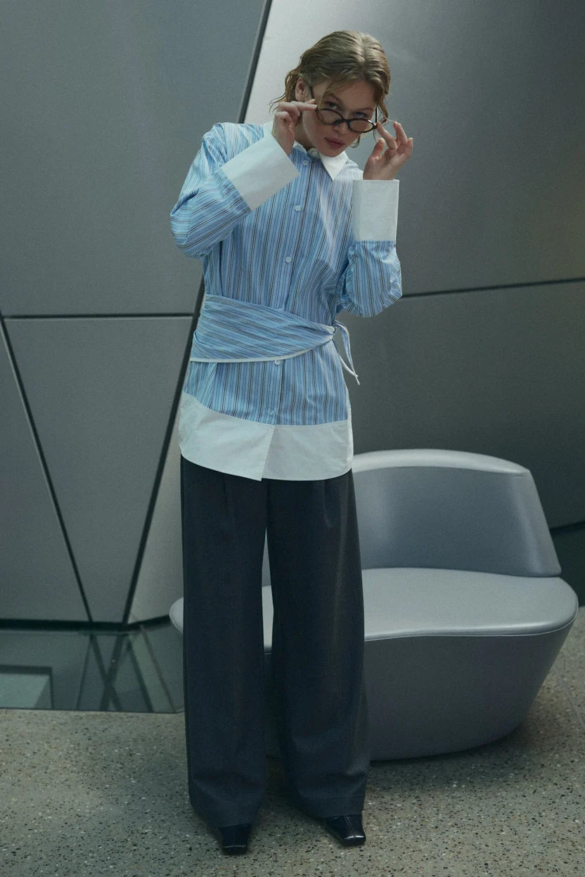 Noella Blue Stripe Marinelle Loose Fit Scarf Tie Cotton Shirt
