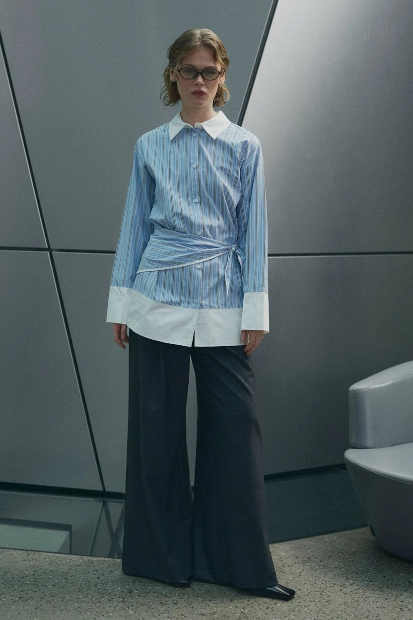 Noella Blue Stripe Marinelle Loose Fit Scarf Tie Cotton Shirt