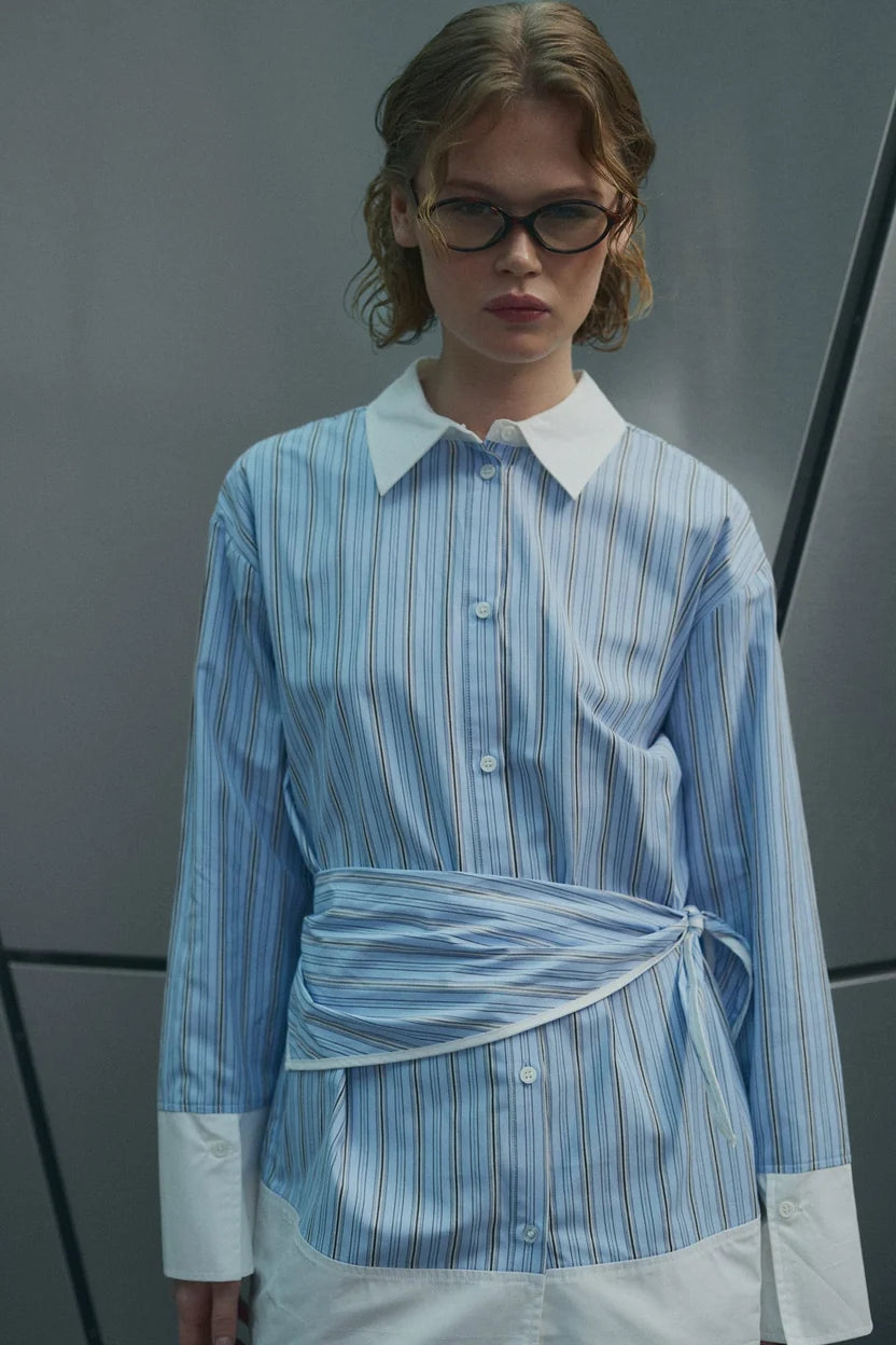 Noella Blue Stripe Marinelle Loose Fit Scarf Tie Cotton Shirt