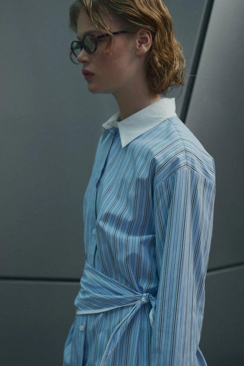 Noella Blue Stripe Marinelle Loose Fit Scarf Tie Cotton Shirt