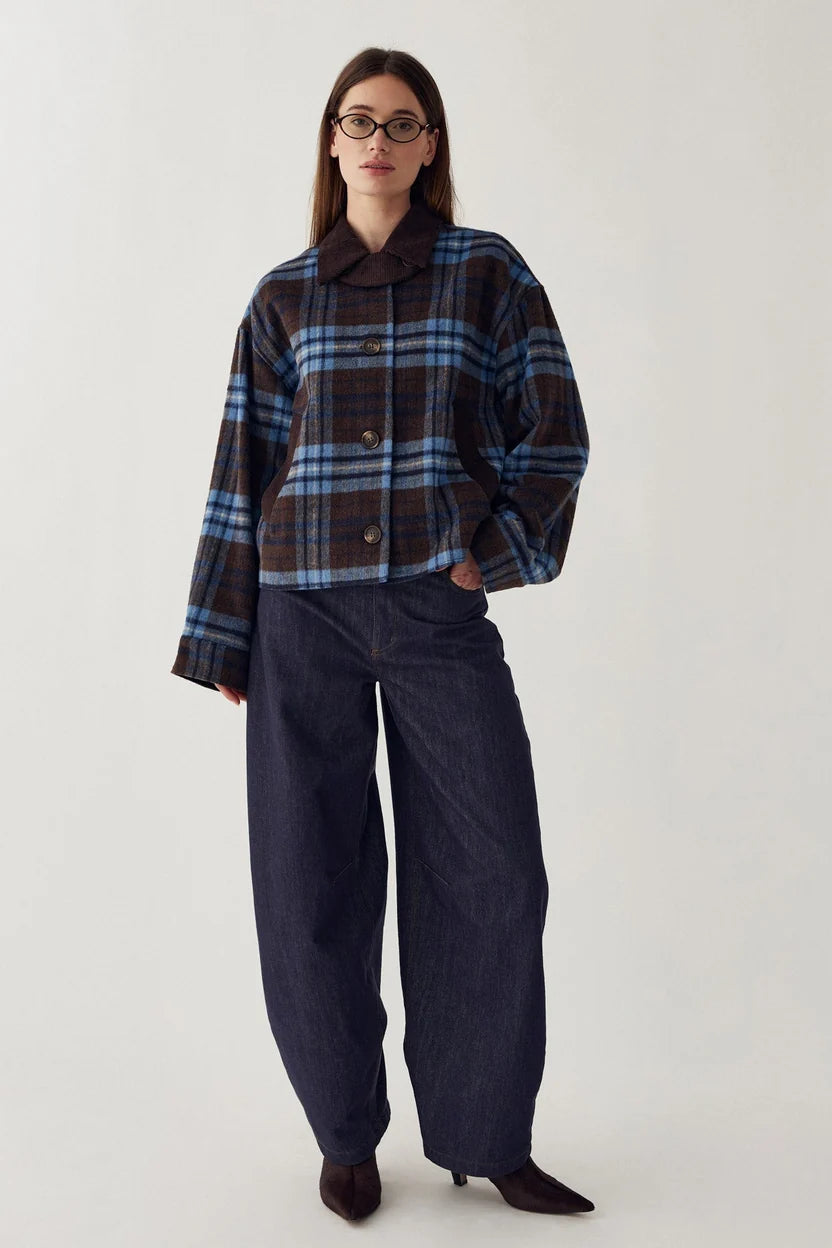 Noella Brown And Blue Check Maiya Boxy Wool Blend Jacket