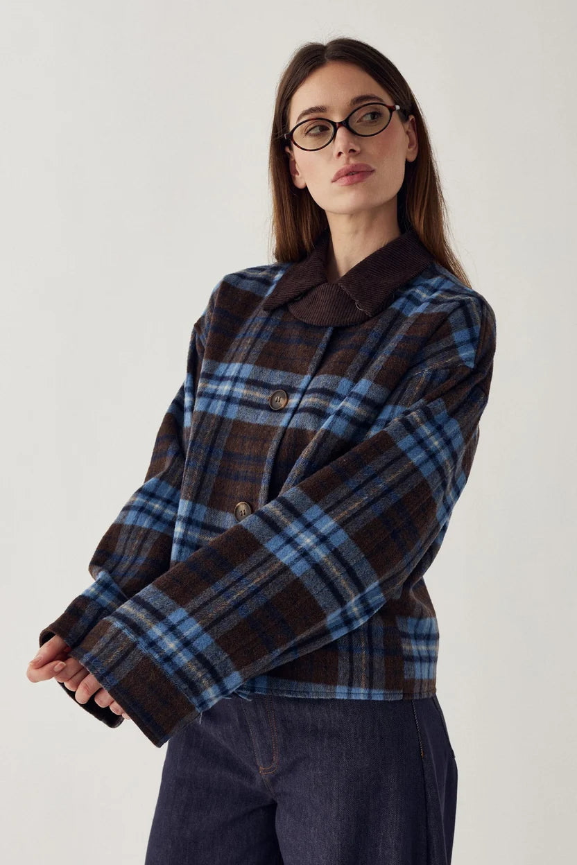 Noella Brown And Blue Check Maiya Boxy Wool Blend Jacket