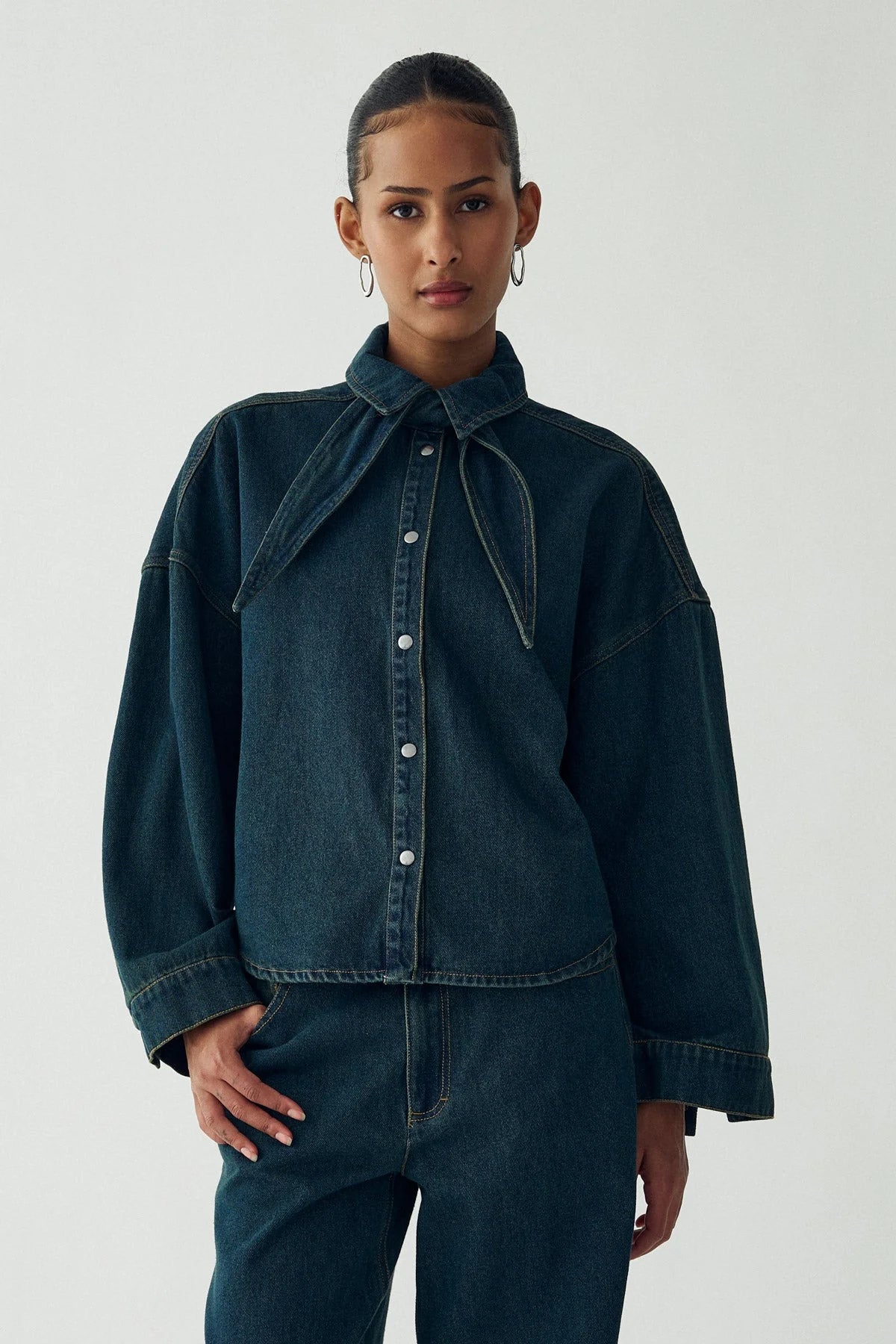 Noella Vintage Blue Wash Lirinnah Cotton Denim Tie Neck Shirt