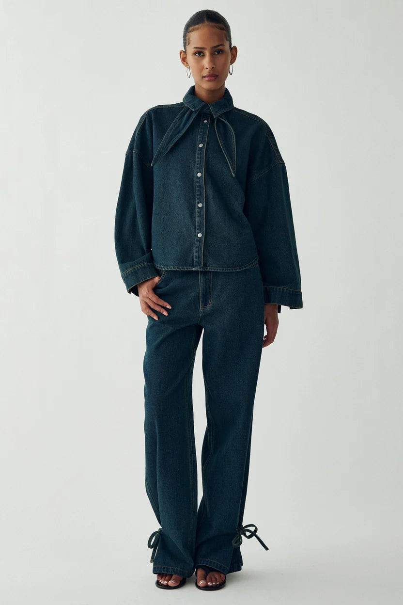 Noella Vintage Blue Wash Lirinnah Cotton Denim Tie Neck Shirt