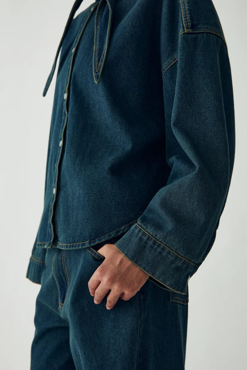 Noella Vintage Blue Wash Lirinnah Cotton Denim Tie Neck Shirt