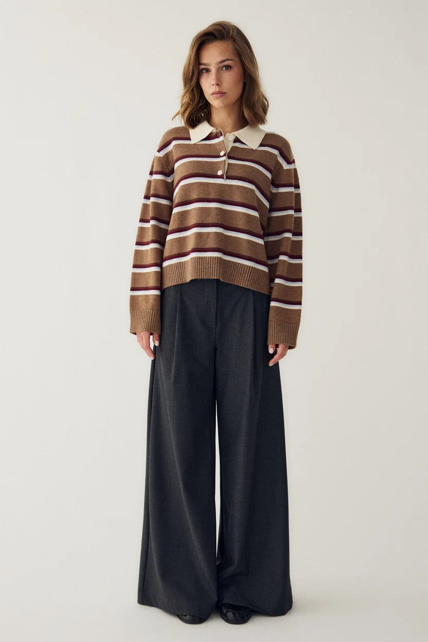 Noella Camel Brown Stripe Merryl Knitted Long Sleeve Wool Blend Polo Shirt