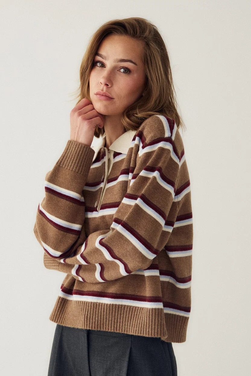 Noella Camel Brown Stripe Merryl Knitted Long Sleeve Wool Blend Polo Shirt
