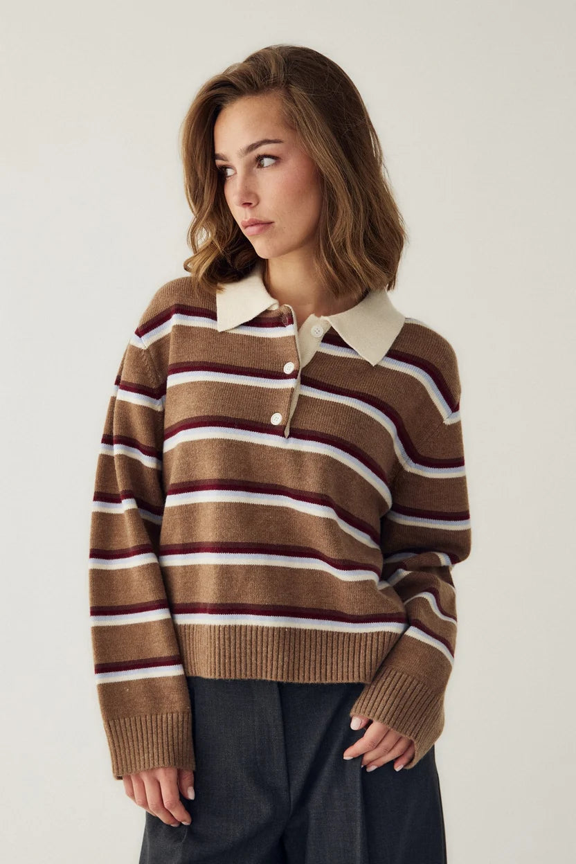Noella Camel Brown Stripe Merryl Knitted Long Sleeve Wool Blend Polo Shirt