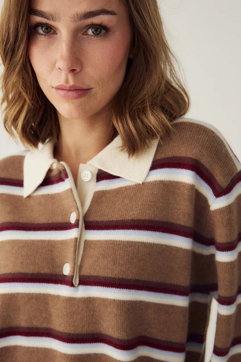 Noella Camel Brown Stripe Merryl Knitted Long Sleeve Wool Blend Polo Shirt