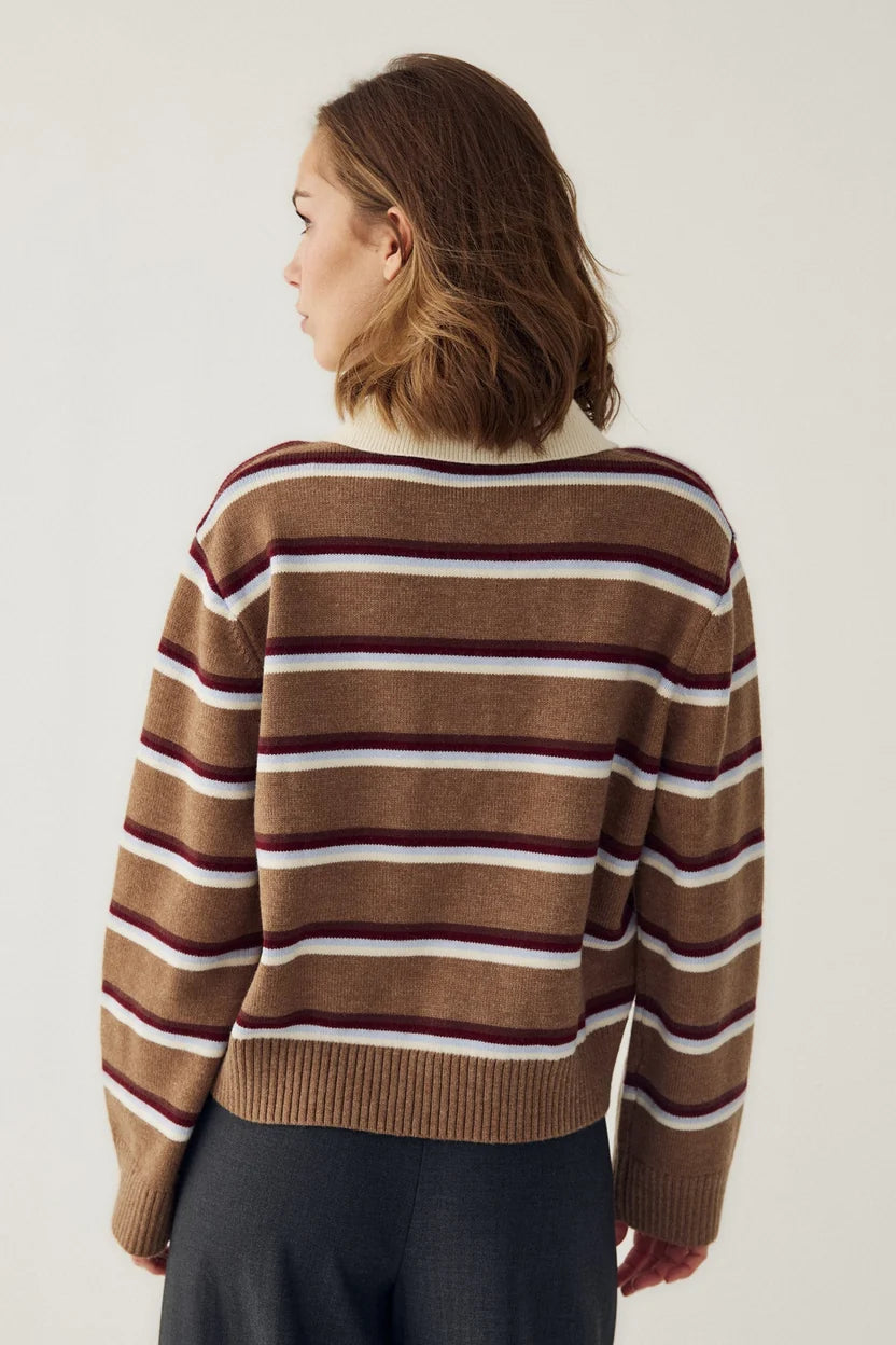 Noella Camel Brown Stripe Merryl Knitted Long Sleeve Wool Blend Polo Shirt