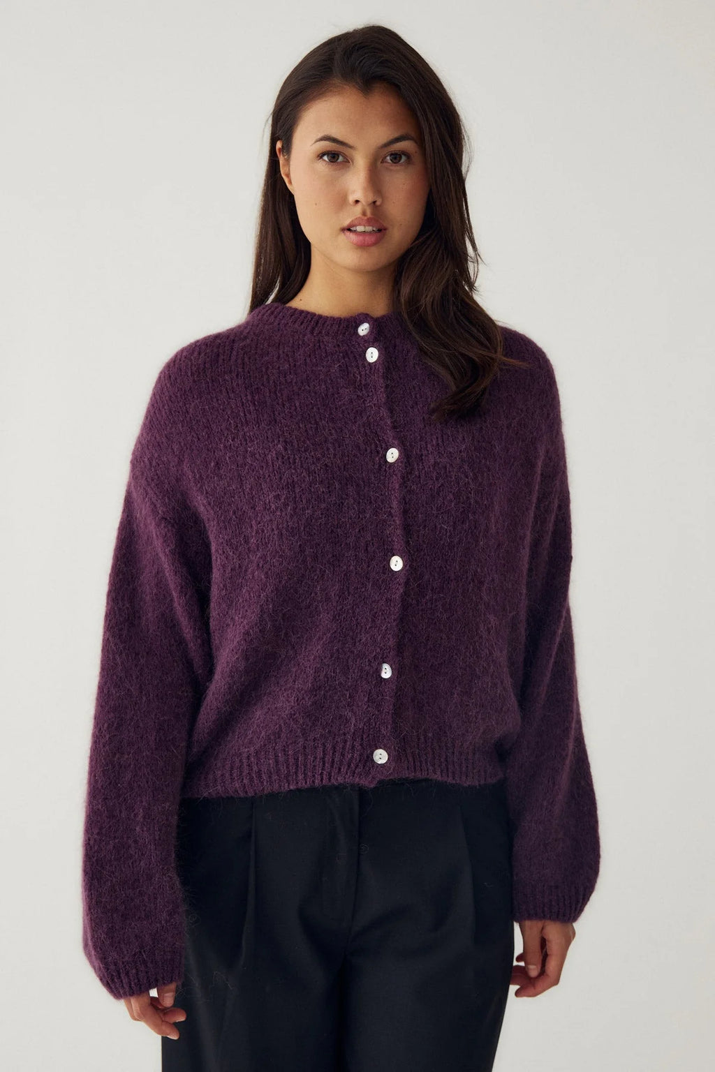 Noella Fig Purple Winter Bloom Knit Alpaca Wool Blend Cardigan