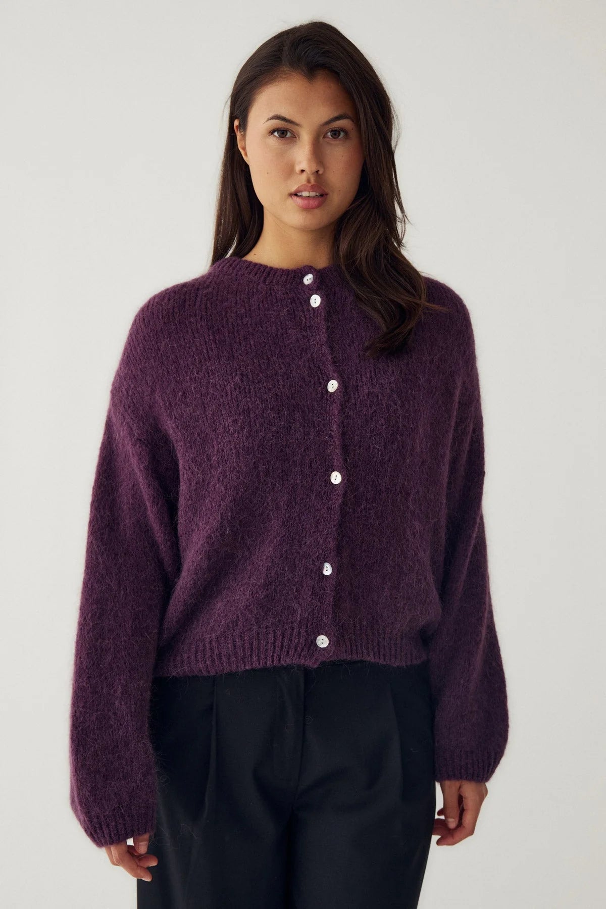 Noella Fig Purple Winter Bloom Knit Alpaca Wool Blend Cardigan