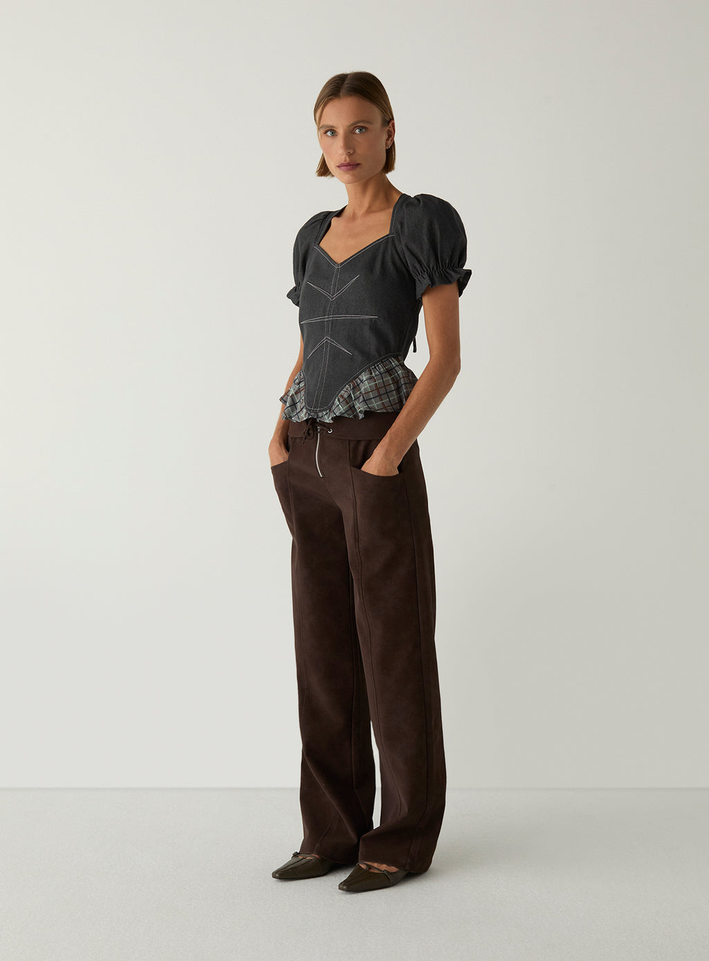 LAAGAM Grey Regina Puff Sleeve Check Denim Top