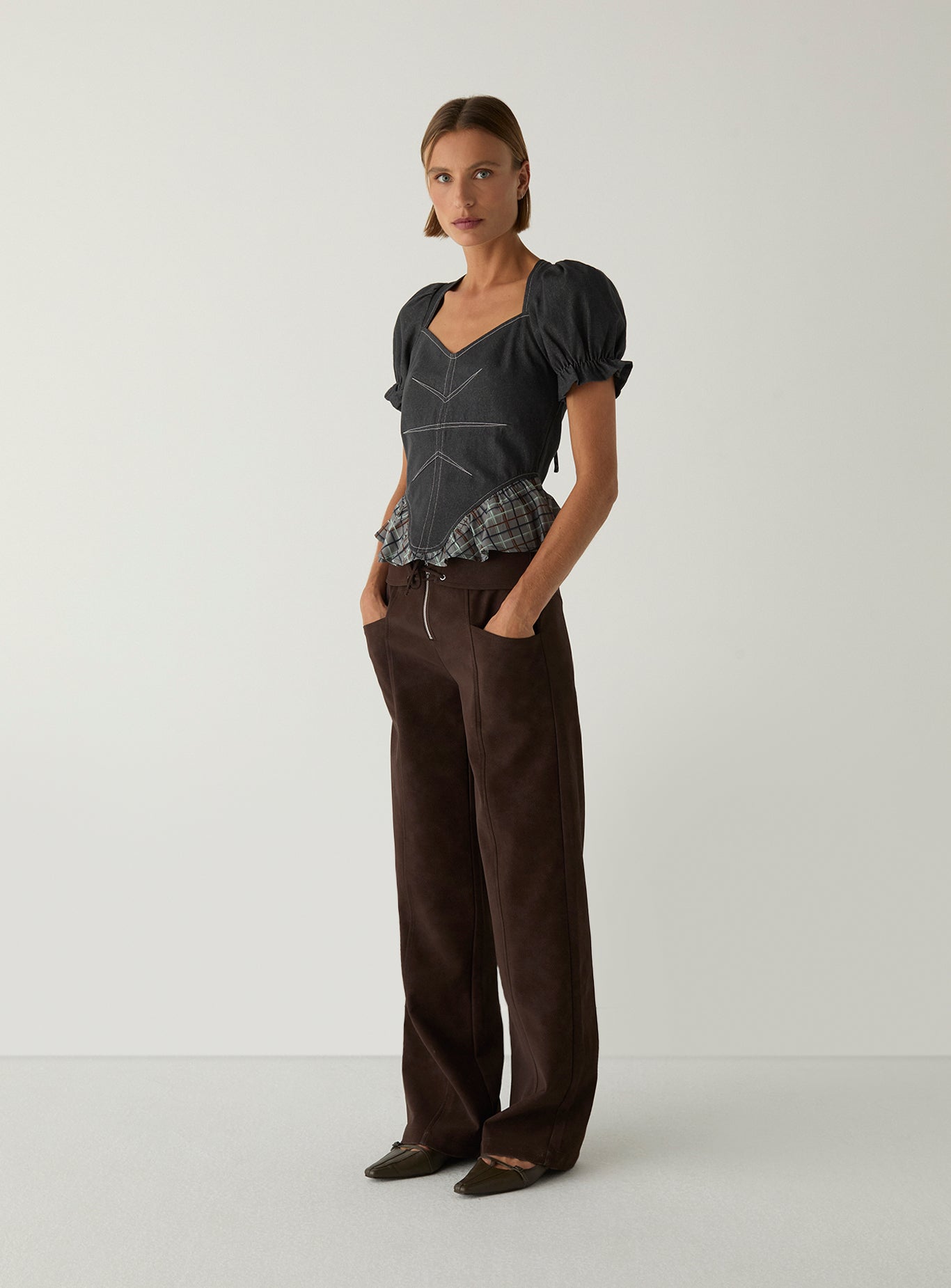 LAAGAM Grey Regina Puff Sleeve Check Denim Top