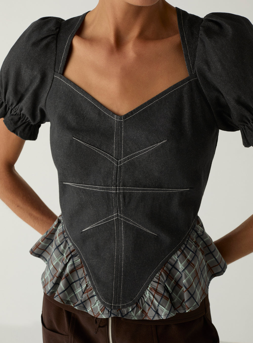 LAAGAM Grey Regina Puff Sleeve Check Denim Top