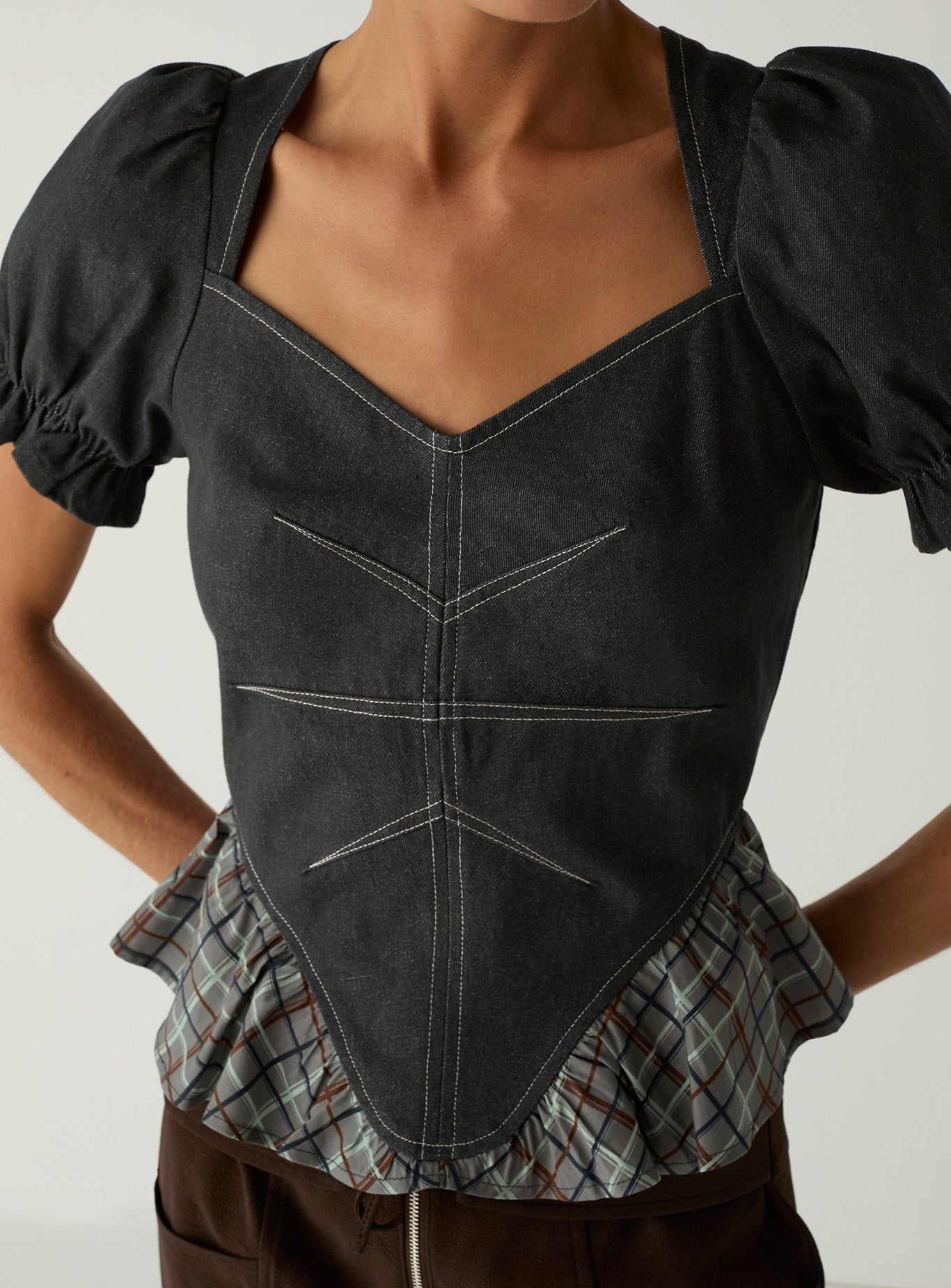 LAAGAM Grey Regina Puff Sleeve Check Denim Top
