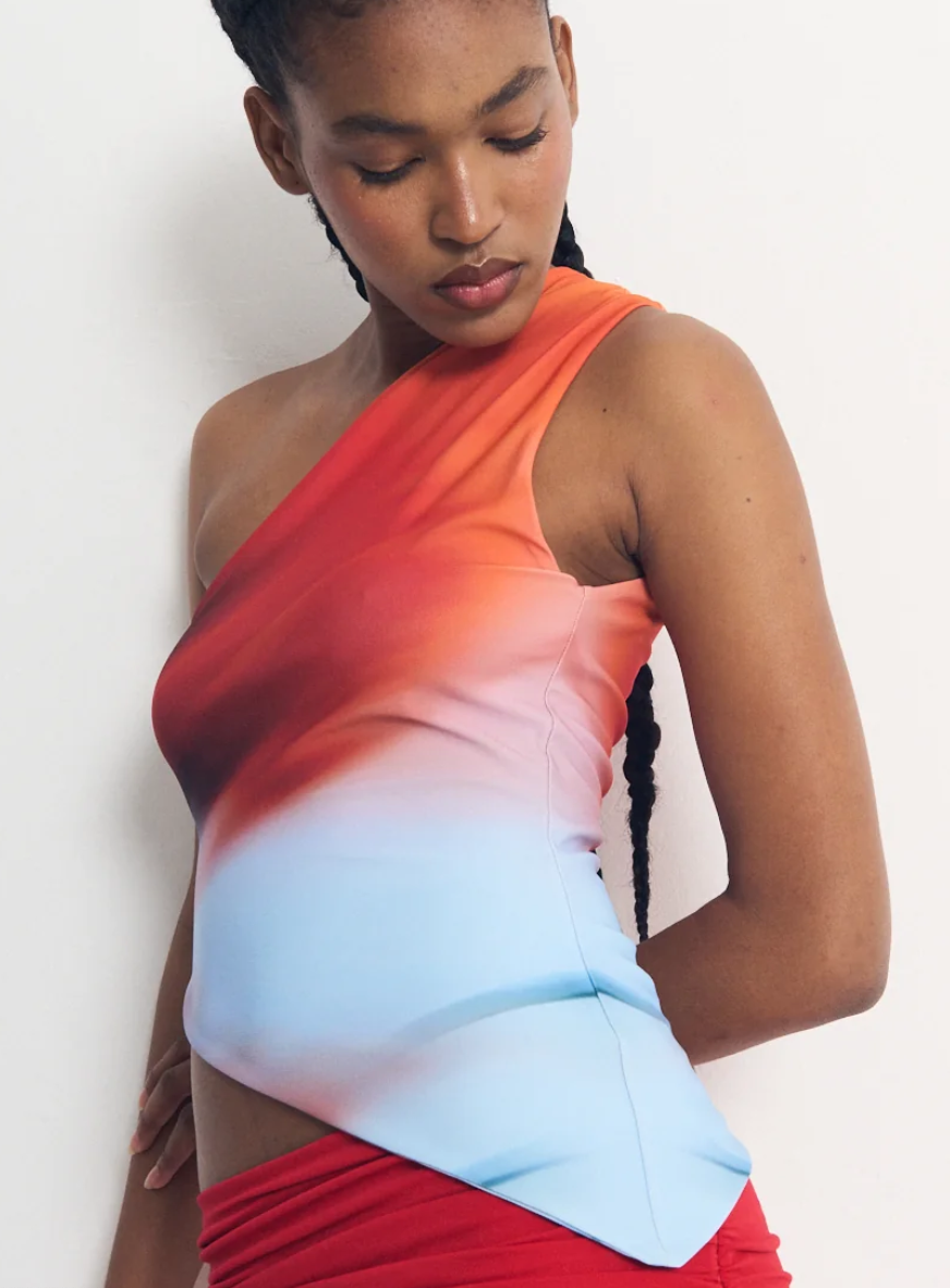 Feners Besos Red & Blue Rosella One Shoulder Top Pre-Order