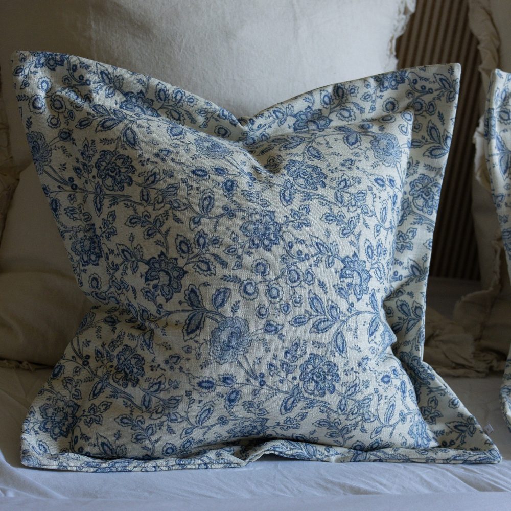 Blue Floral Aria Flanged Edge Cushion Cover 45x45