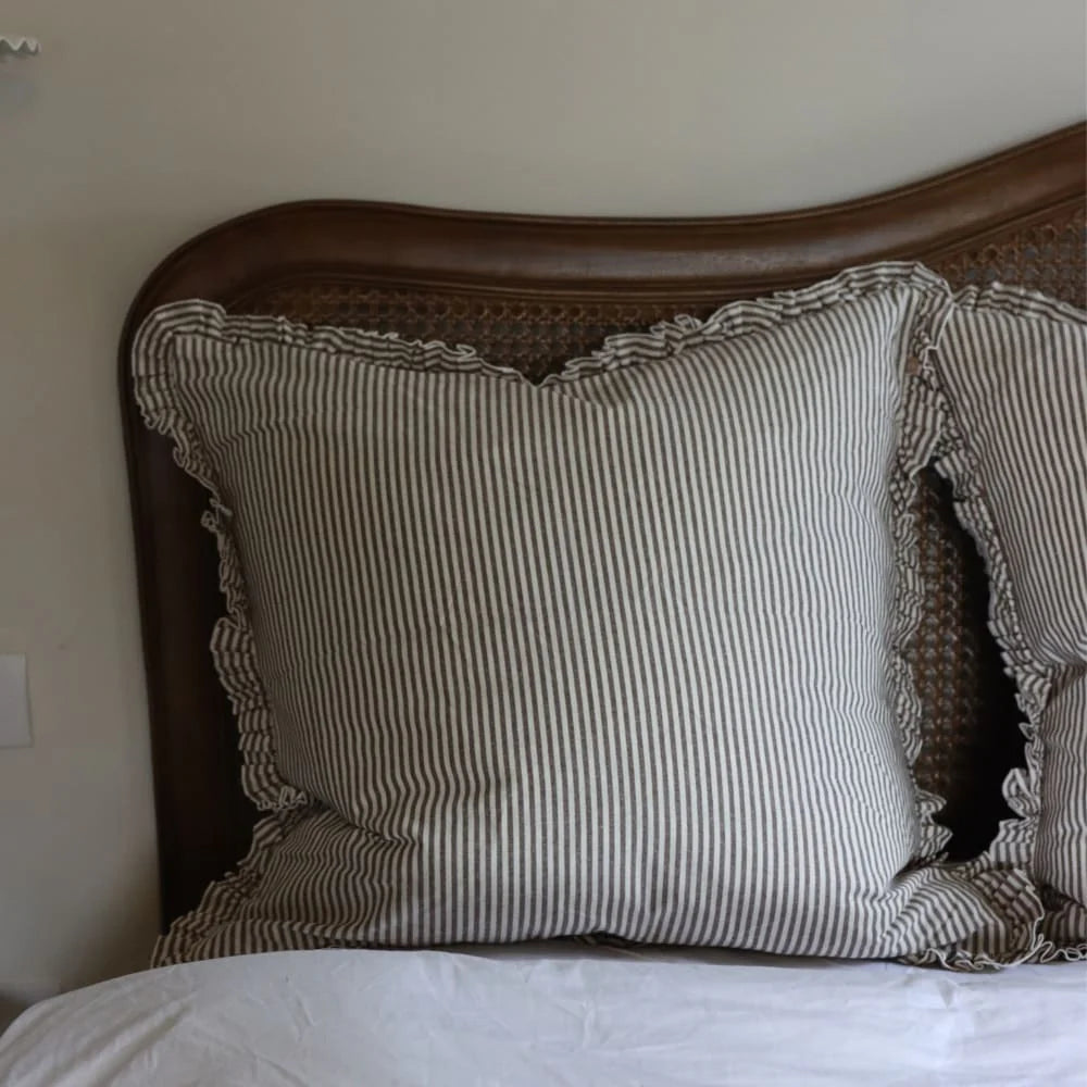 Dark Brown Stripe Darcy Ruffle Cotton Cushion Cover 65x65