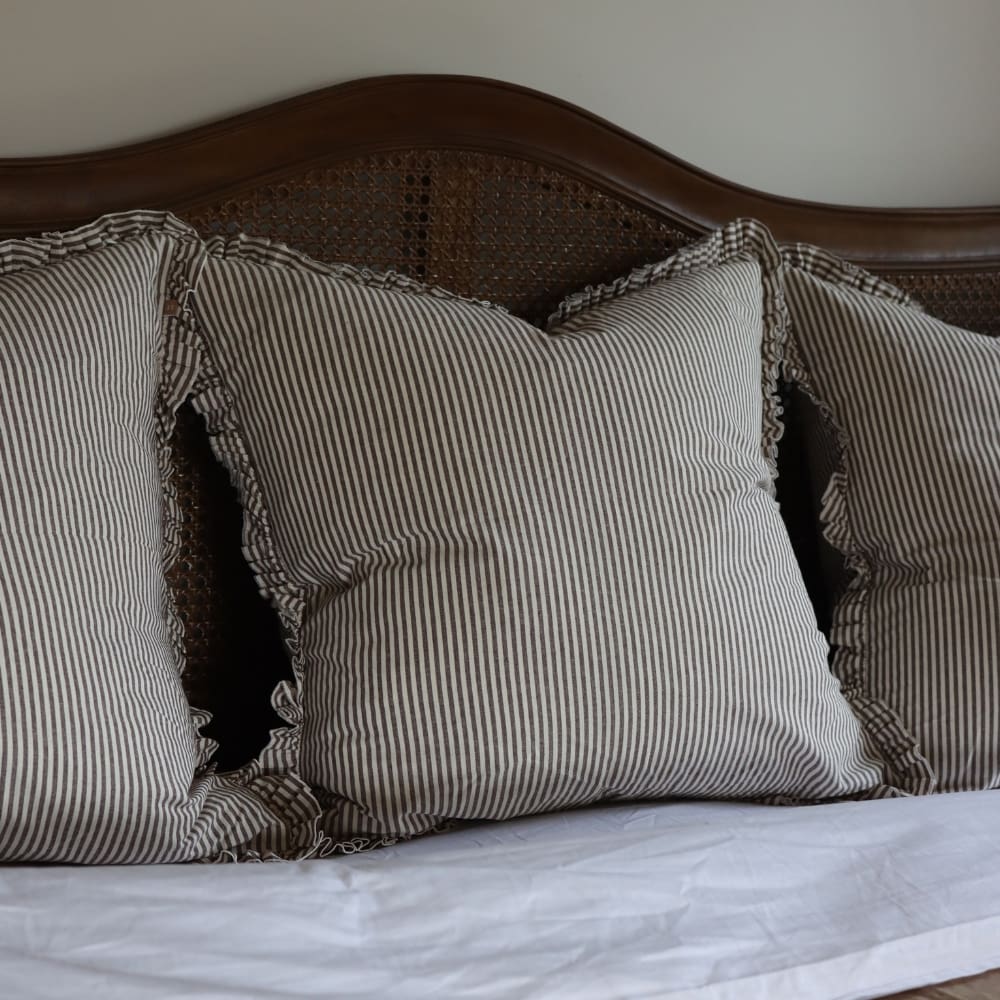 Dark Brown Stripe Darcy Ruffle Cotton Cushion Cover 65x65
