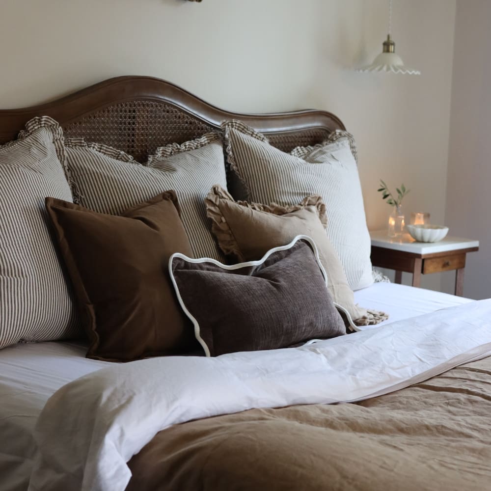 Dark Brown Stripe Darcy Ruffle Cotton Cushion Cover 65x65