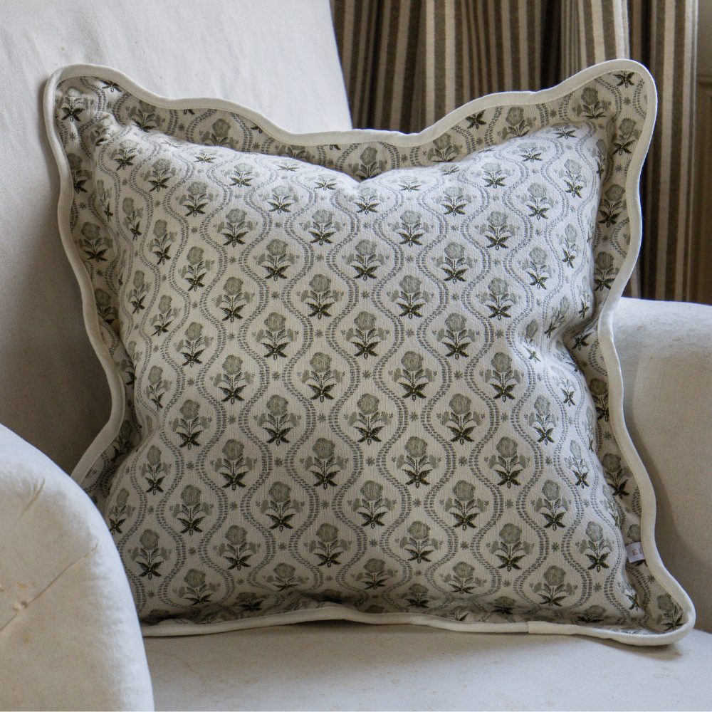 Sage Green Floral Print Chloe Scalloped Edge Cushion Cover 45x45