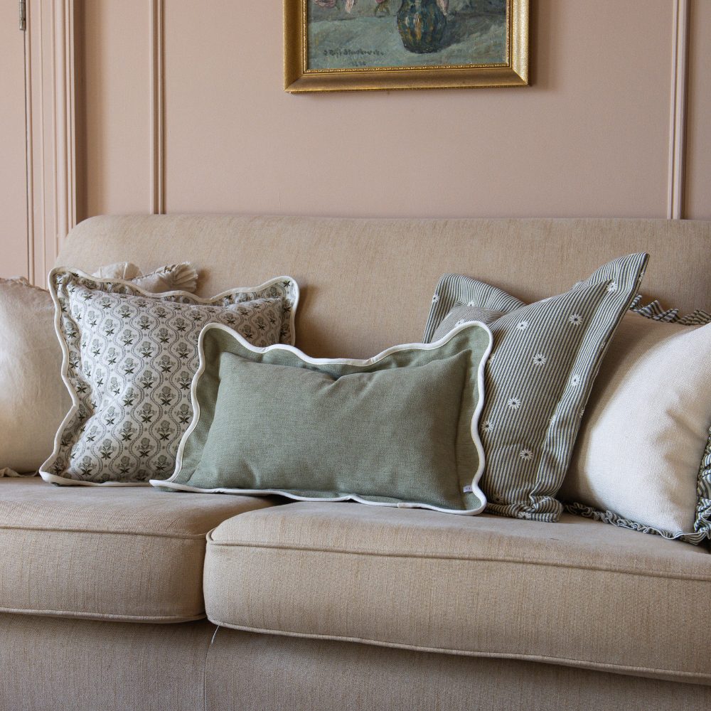 Sage Green Floral Print Chloe Scalloped Edge Cushion Cover 45x45
