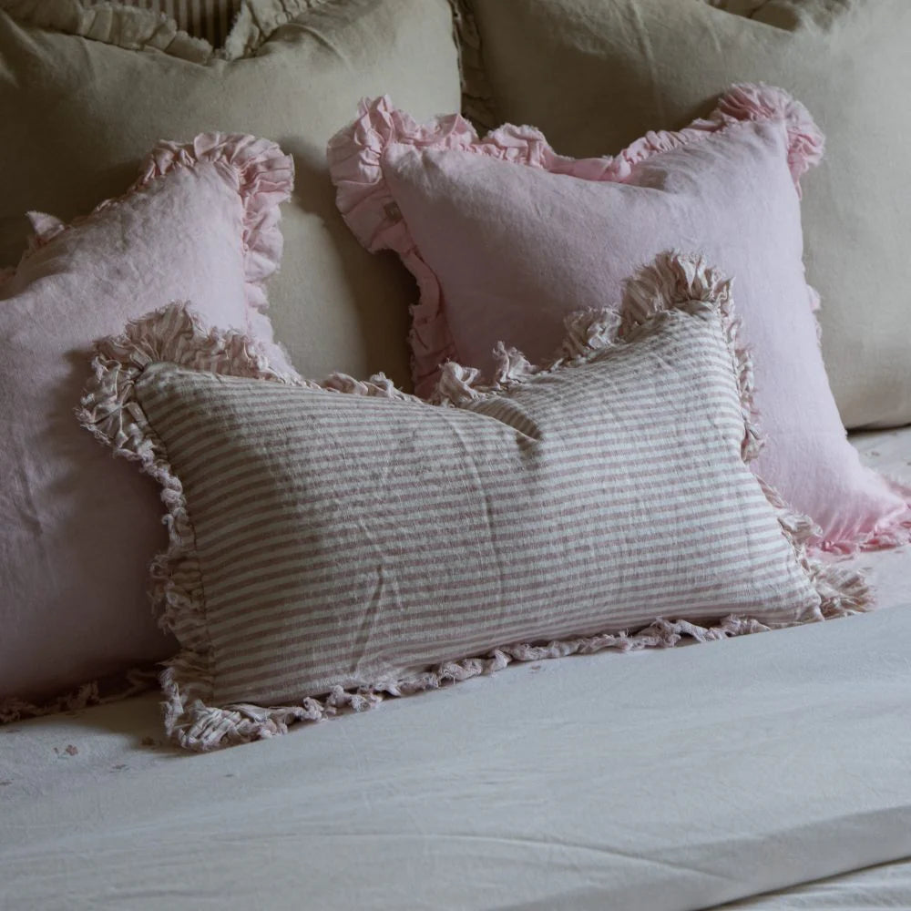 Pink Stripe Hallie Ruffled Linen Cushion Cover 50x30