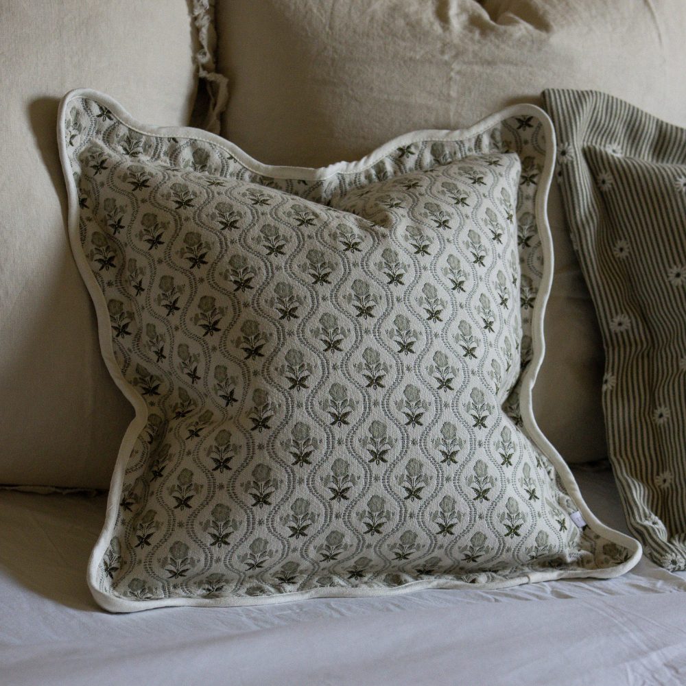 Sage Green Floral Print Chloe Scalloped Edge Cushion Cover 45x45