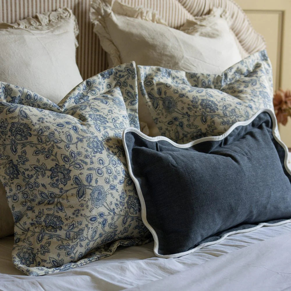 Blue Floral Aria Flanged Edge Cushion Cover 45x45