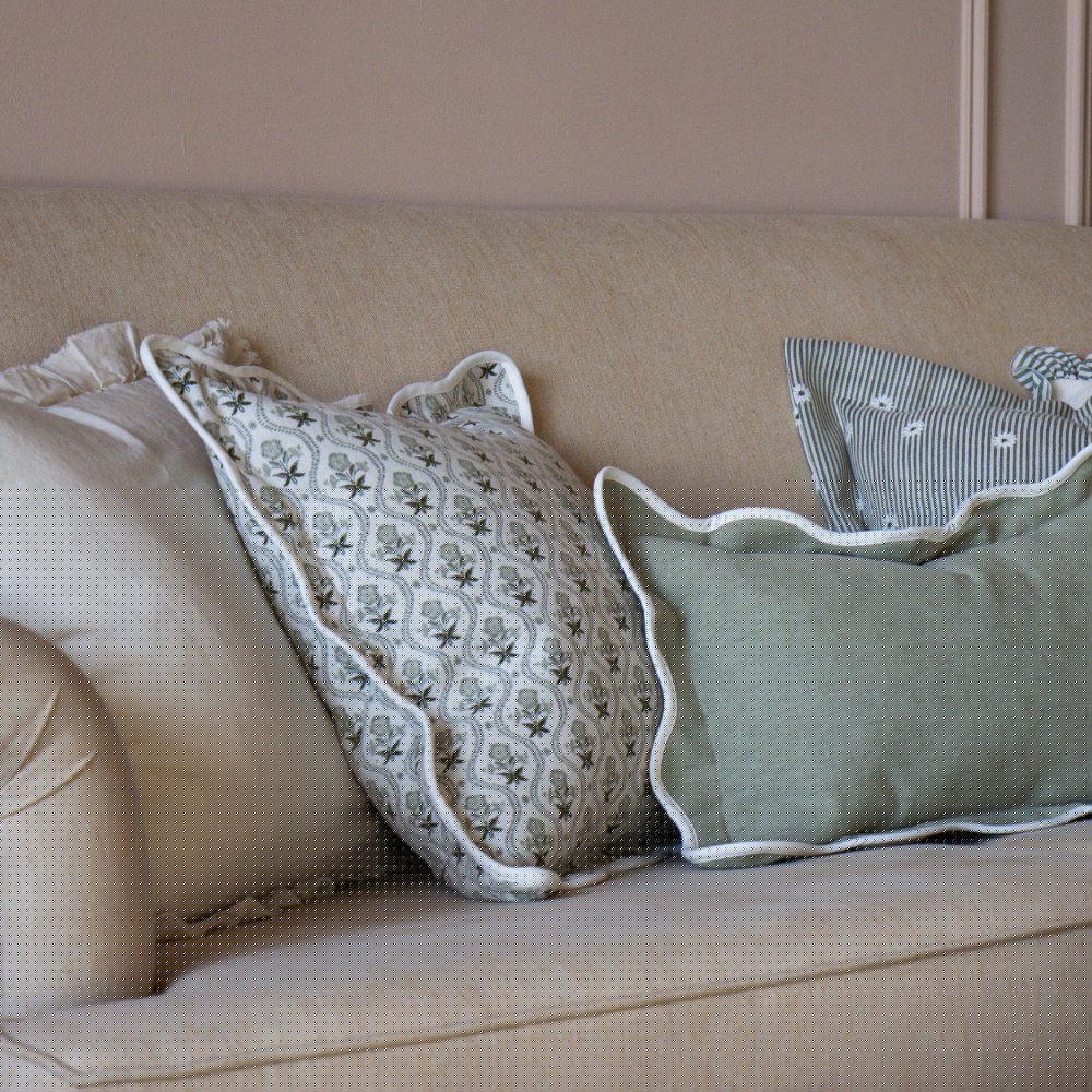 Sage Green Floral Print Chloe Scalloped Edge Cushion Cover 45x45