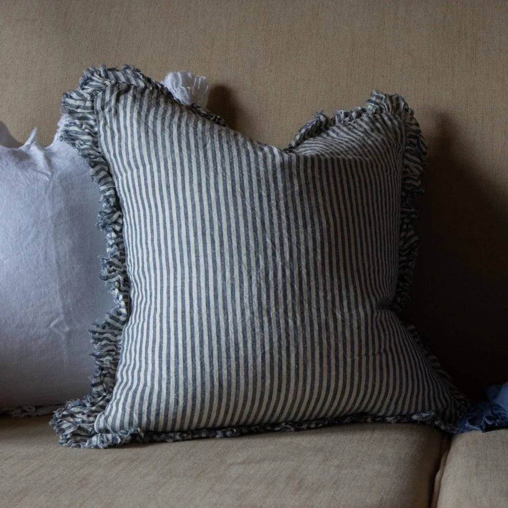 Navy Blue Stripe Hallie Ruffled Linen Cushion Cover 45x45