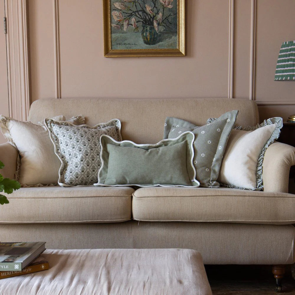Sage Green Floral Print Chloe Scalloped Edge Cushion Cover 45x45