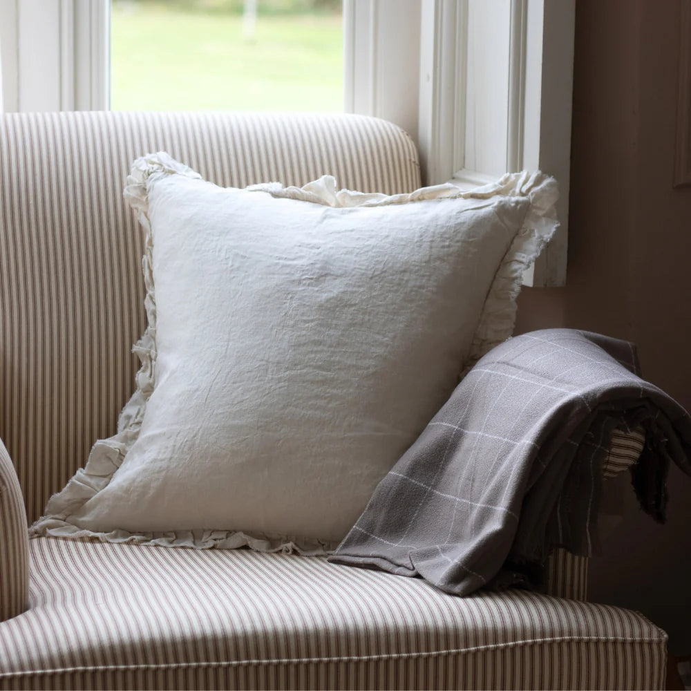 Cream Hallie Ruffled Linen Cushion Cover 53x53