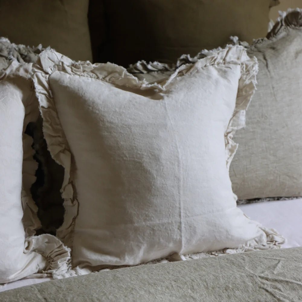 Cream Hallie Ruffled Linen Cushion Cover 53x53