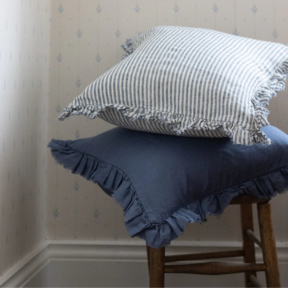 Navy Blue Stripe Hallie Ruffled Linen Cushion Cover 45x45