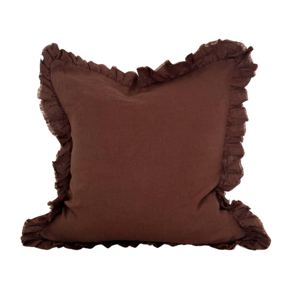 Hallie Dark Brown Ruffled Linen Cushion Cover 45x45cm