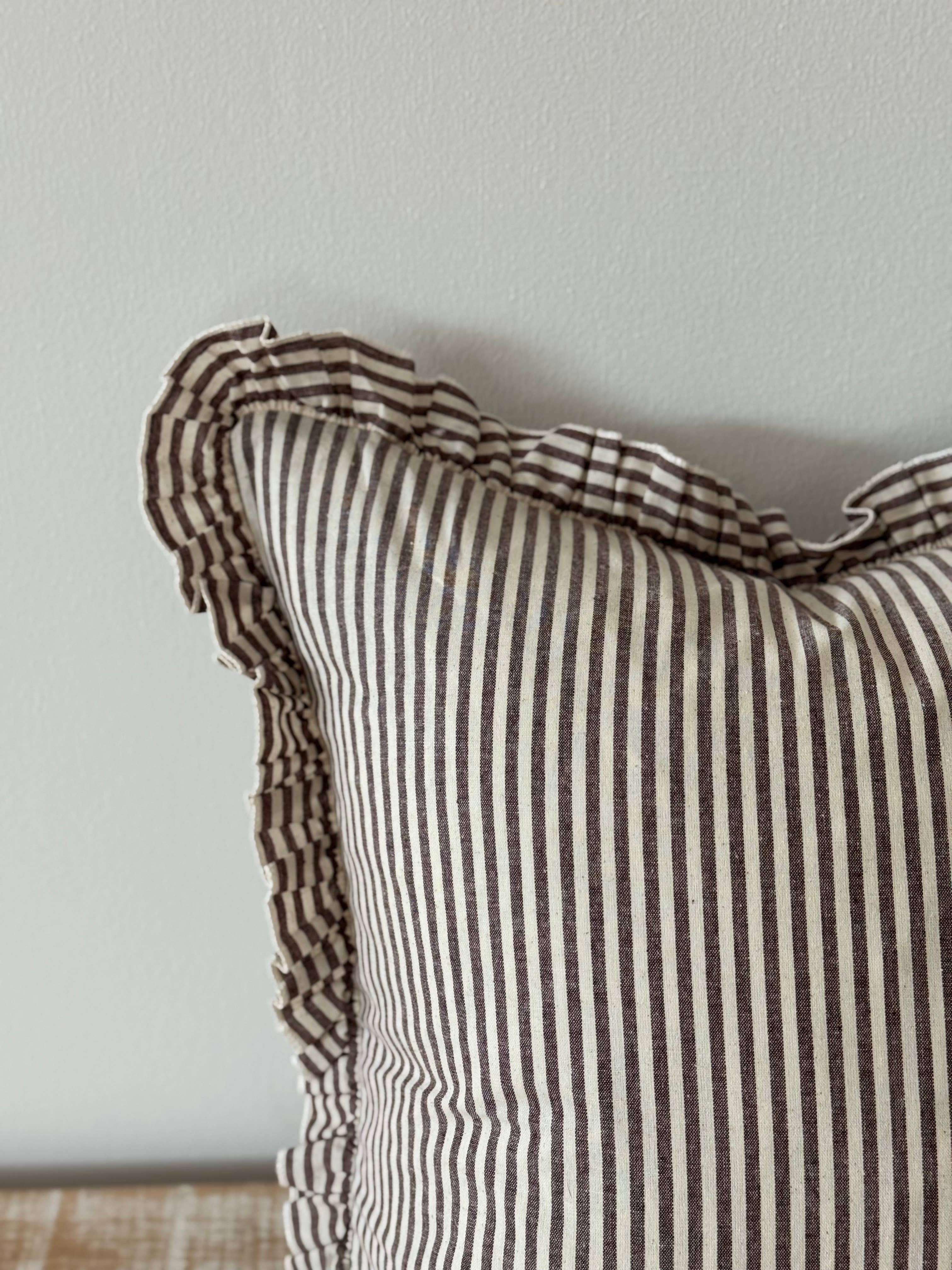 Darcy Dark Brown Stripe Ruffle Cotton Cushion Cover 45x45cm