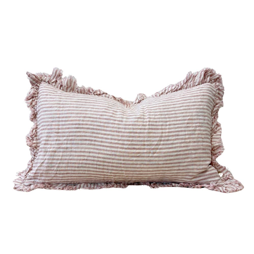 Ellenvale Interiors Pink Stripe Hallie Ruffled Linen Cushion Cover 50x30