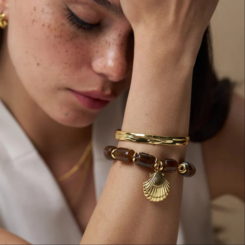 Orelia Statement Brown Bead Shell Bracelet 18k Gold Plated