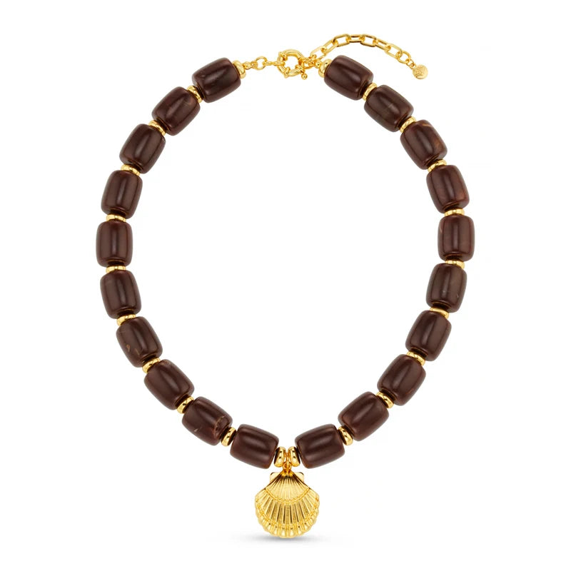 Orelia Statement Brown Bead Shell Drop Necklace 18k Gold Plated