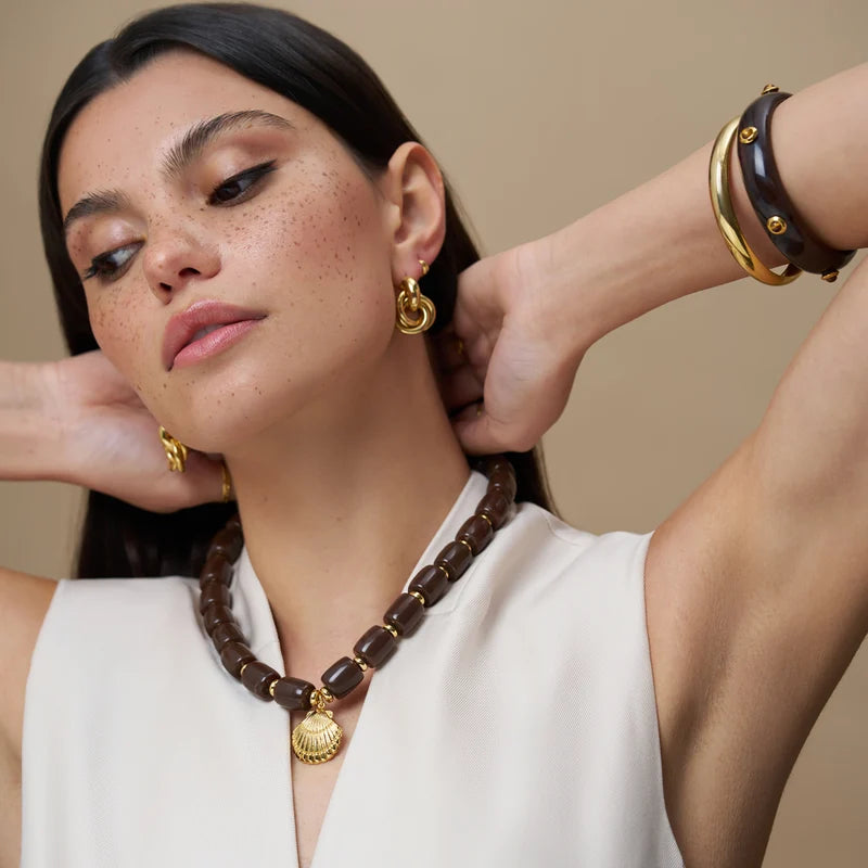 Orelia Statement Brown Bead Shell Drop Necklace 18k Gold Plated