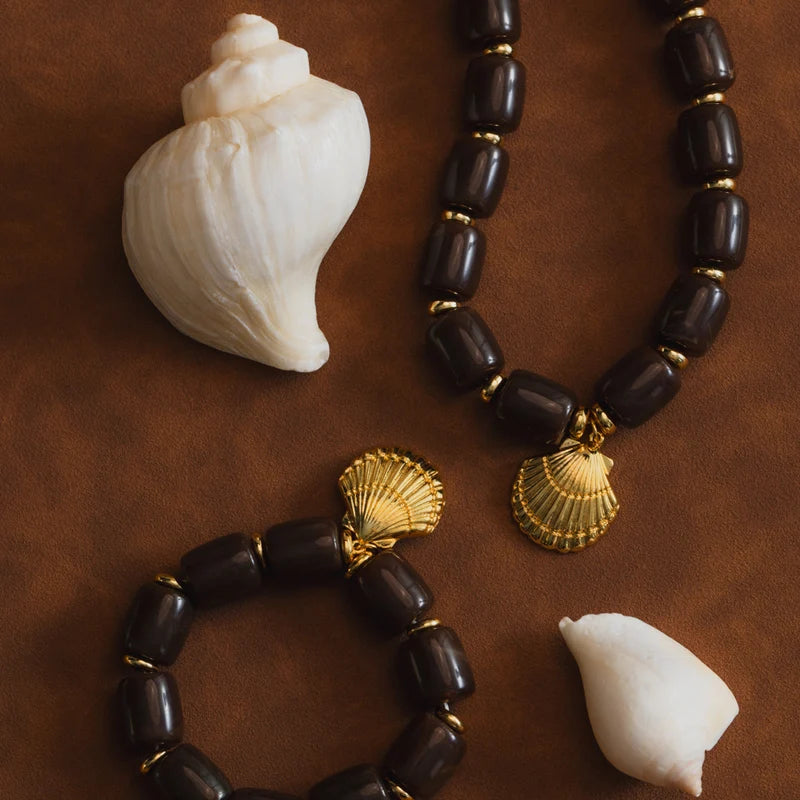 Orelia Statement Brown Bead Shell Drop Necklace 18k Gold Plated