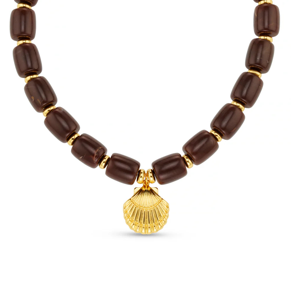 Orelia Statement Brown Bead Shell Drop Necklace 18k Gold Plated