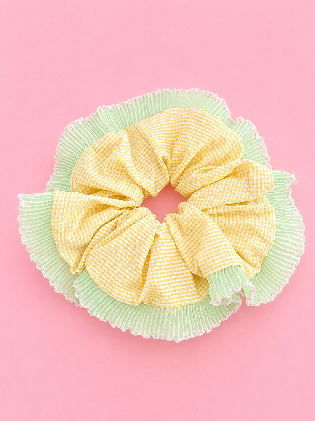 Yellow Gingham & Green Ruffle Hair Scrunchie
