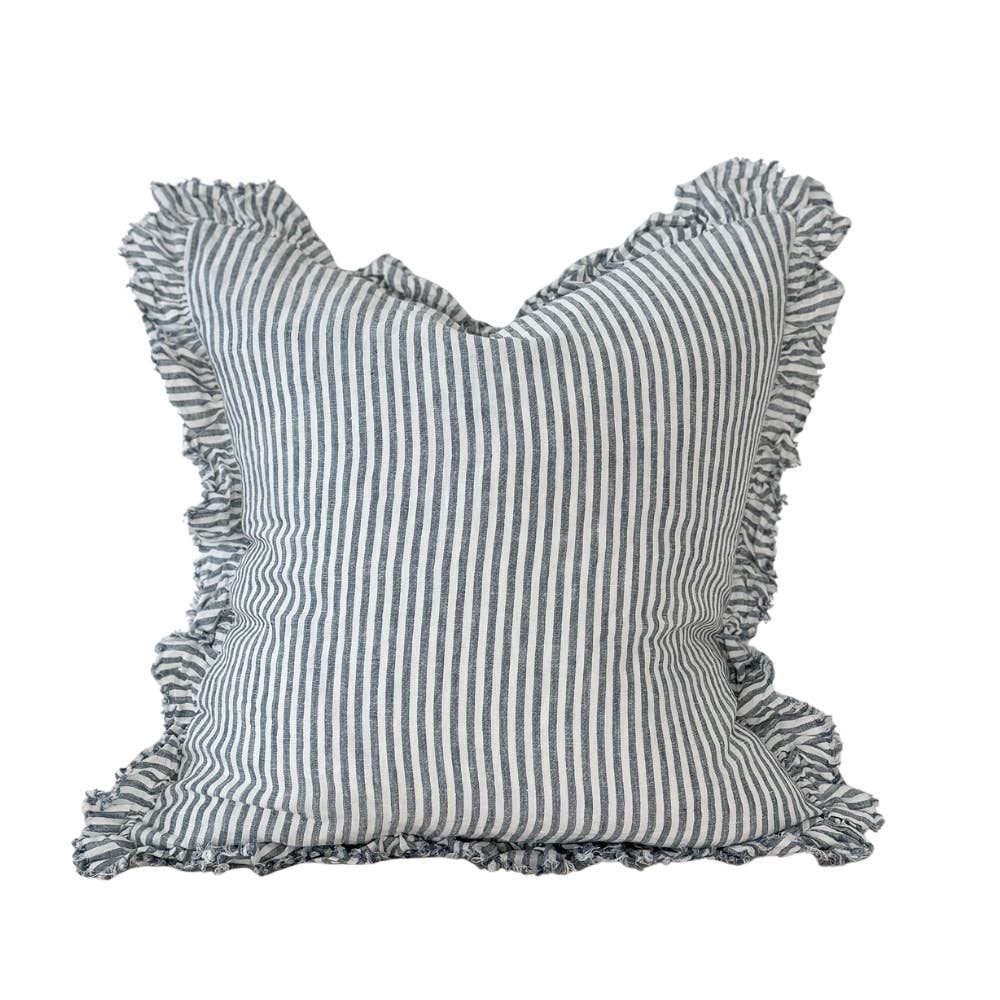Ellenvale Interiors Navy Blue Stripe Hallie Ruffled Linen Cushion Cover 45x45