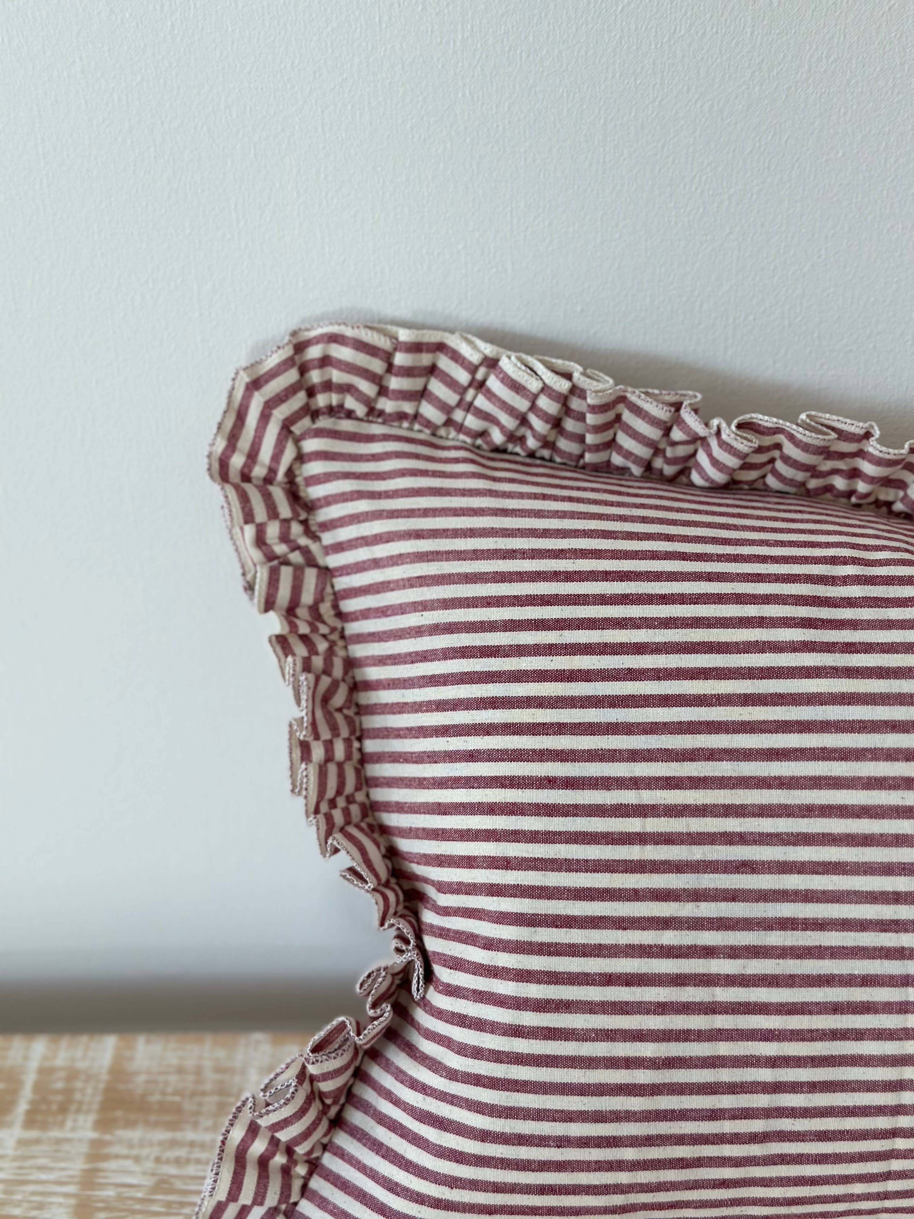 Darcy Burgundy Stripe Ruffle Cotton Cushion Cover 50x30cm