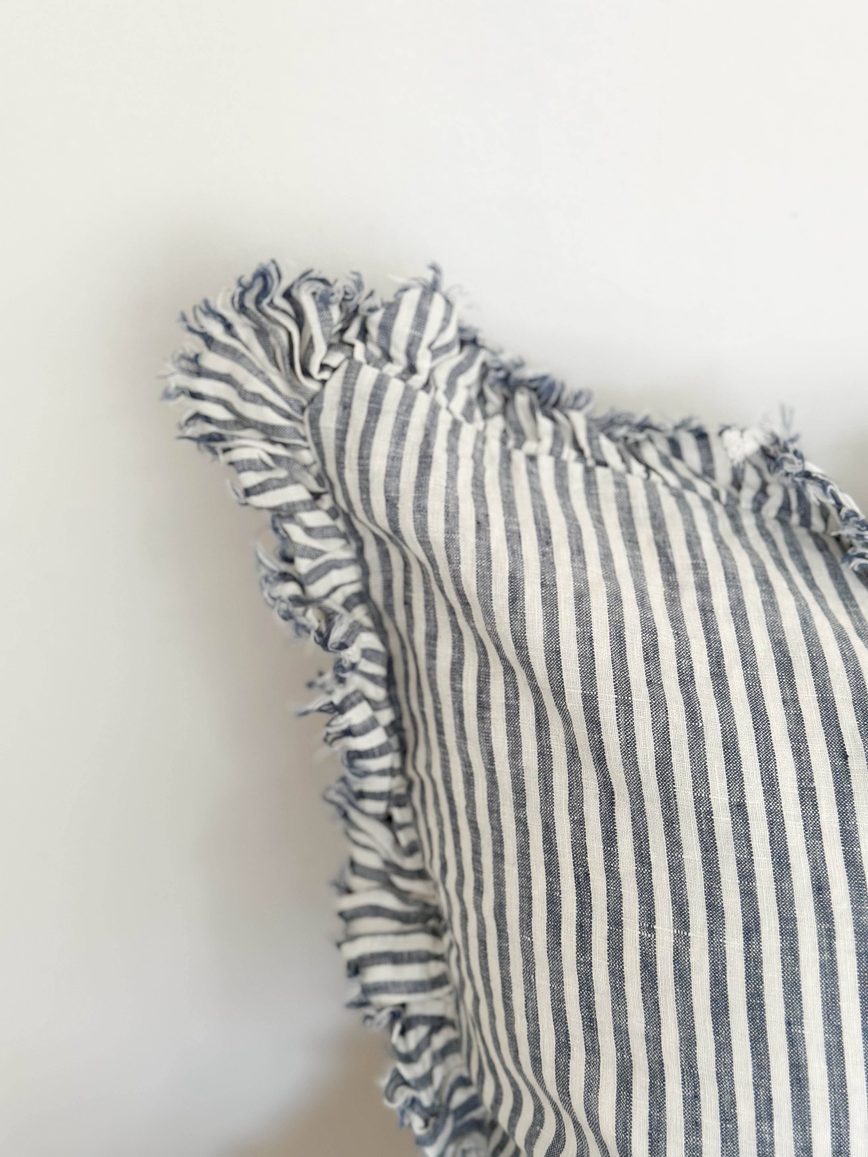 Ellenvale Interiors Navy Blue Stripe Hallie Ruffled Linen Cushion Cover 45x45